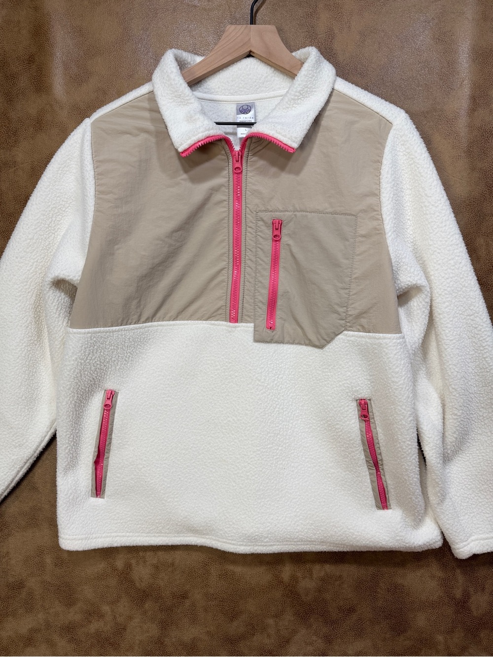 Té Verde Sherpa Fleece Quarter Zip Pullover Ivory Pink Large